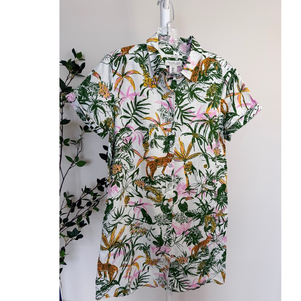 Rachel Zoe Tropical Leopard Print 100% Linen Mini Shirt Dress White Green Small - Picture 2 of 5